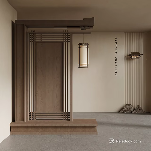 Japanese Style Wooden Room Divider With Lattice Design And Washi Paper Hanging Lantern Interior 3d model 