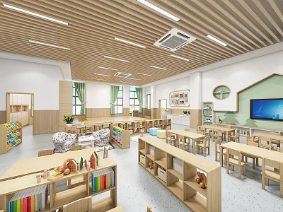 Bright Kindergarten Classroom Interior With Wooden Tables Chairs Bookshelves Toys And Plants 3d model