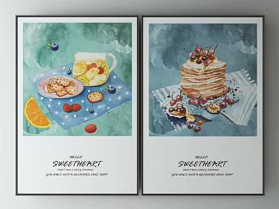 Miss Sweetheart Watercolor Art Prints With Pancakes Fruits Cookies And Teapot 3d model