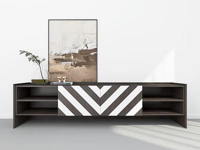 Modern Dark TV Stand With Black White Chevron Panel Decorative Painting Plant And Small Decor 3d model