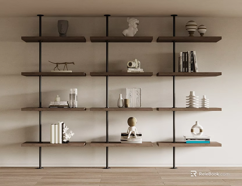 Modern Open Shelving Bookcase With Wooden Shelves Metal Frame And Decorative Items 3d model 