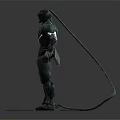 Standing Cybernetic Character in Green Mechanical Armor With Back Cables and Blue Glowing Feet