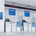 Public Facility Smart Service Area With Self Service Terminals Blue Signs Display Screens In Bank