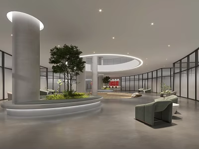 Modern Front Desk Reception Lobby With Green Plants Comfortable Seating And Glass Wall Design 3d model