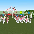 Whimsical Garden Landscape Design With Green Lawn Mushroom Shaped Structures Arches and Flower Beds