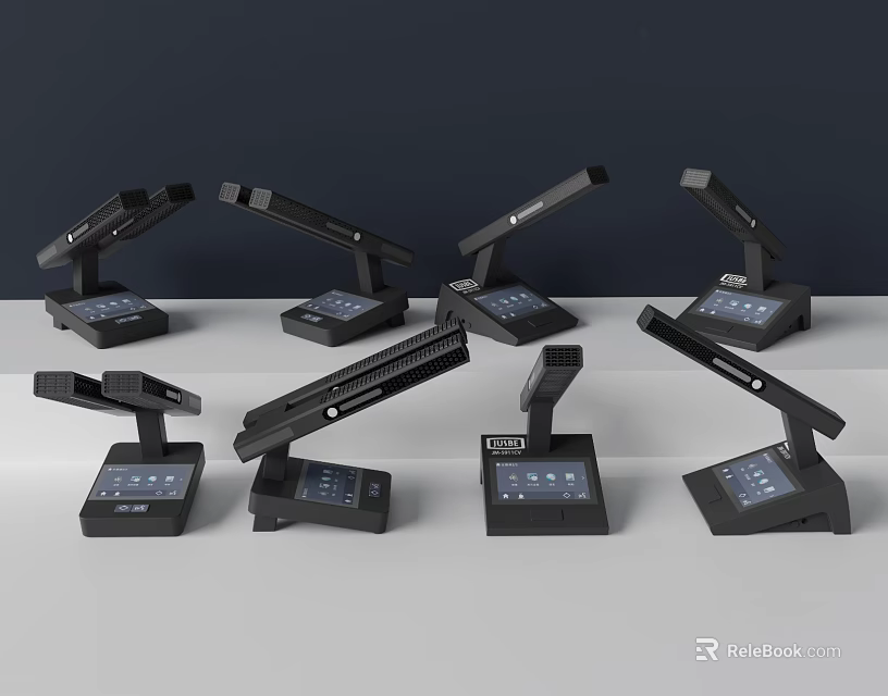 Multiple Black Headphone Speaker Systems With Adjustable Stand And Control Panel 3d model