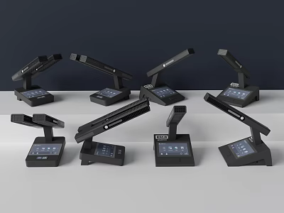 Multiple Black Headphone Speaker Systems With Adjustable Stand And Control Panel 3d model