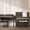 Instruments and Art Supplies Showcase with Black Pianos Music Sheets Stools and Green Plants