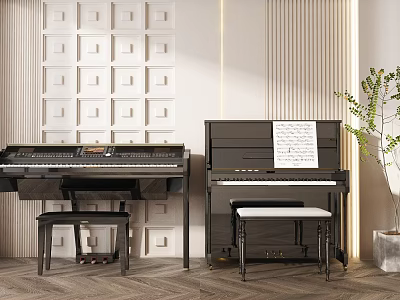 Instruments and Art Supplies Showcase with Black Pianos Music Sheets Stools and Green Plants 3d model