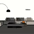 Poliform L Shaped Beige Gray Sofa with Decorative Pillows Black Coffee Table and Floor Lamp