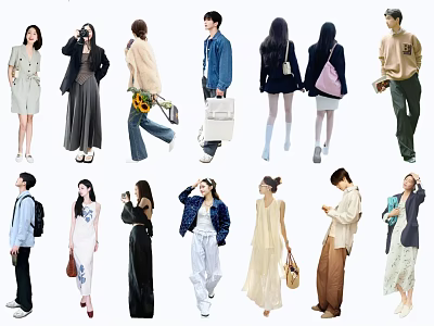 Group of People in Diverse Stylish Outfits With Dresses Jackets Bags and Casual Wear 3d model