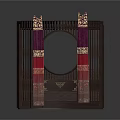 Traditional Chinese Wooden Screen With Circular Mirror And Red Purple Curtains