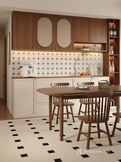Modern Wooden Dining Table And Chairs Set In Kitchen With Tile Wall And Cabinets 3d model 