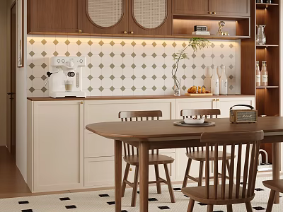Modern Wooden Dining Table And Chairs Set In Kitchen With Tile Wall And Cabinets 3d model
