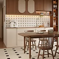 Modern Wooden Dining Table And Chairs Set In Kitchen With Tile Wall And Cabinets