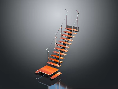Sleek Modern Staircase Design With Orange Steps And Glass Railings Structure 3d model