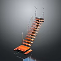 Sleek Modern Staircase Design With Orange Steps And Glass Railings Structure 3d model