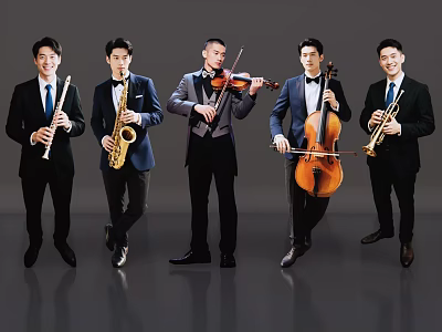 Five Men in Formal Suits Posing with Different Musical Instruments Together 3d model