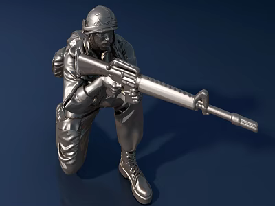 Silver Military Soldier Sculpture in Kneeling Position Holding Rifle Detailed Carving 3d model