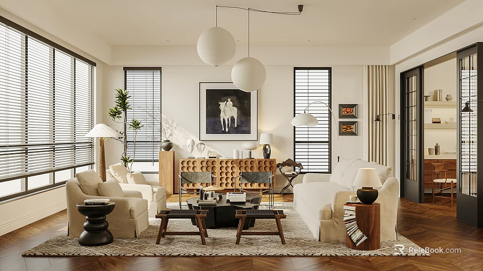 Modern Open Concept Restaurant Interior With Pendant Lights Decorative Art And Wooden Flooring 3d model 