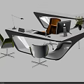 Modern Office Desk With White Surface Three Chairs Computer Monitor Potted Plant And Lamp
