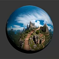 Cartoon Scenic Landscape With Mountains Winding River Stone Steps Green Meadows Blue Sky And Clouds