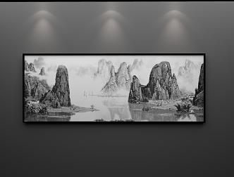 New Chinese-style landscape painting ink landscape artistic conception landscape banner decorative painting 3d model