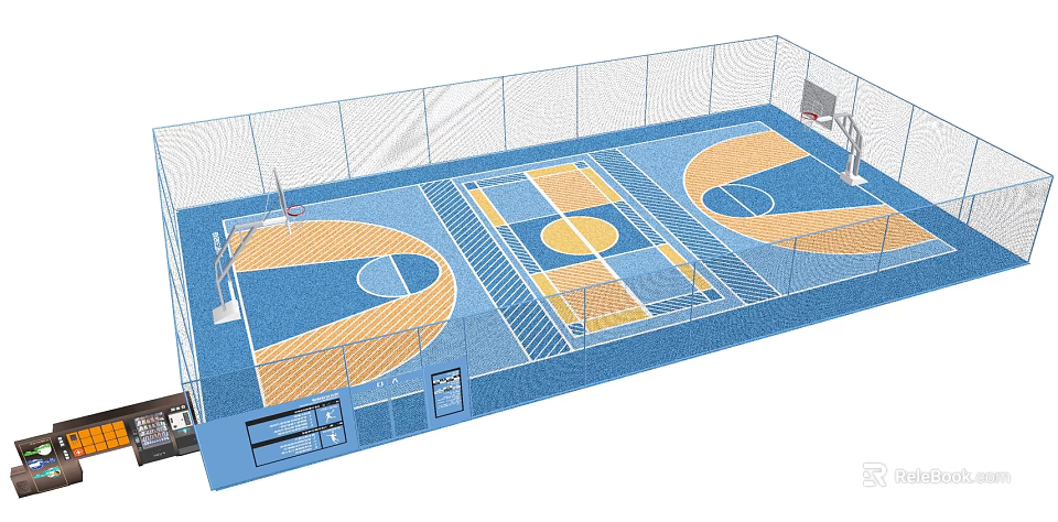 Modern Indoor Basketball Gym Design With Multiple Courts And Blue Wooden Floors 3d model 