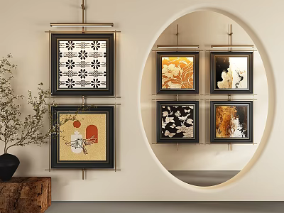Photo Wall Interior Design With Multiple Framed Artworks Various Patterns Circular Mirror And Wooden Base Decor 3d model
