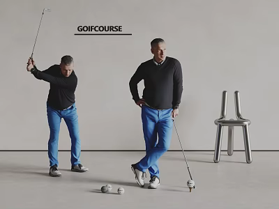 Men Playing Golf On Course With Clubs And Balls 3d model