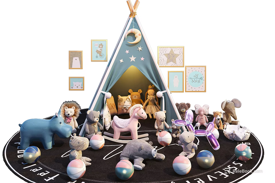 Stuffed Animals Around Blue Teepee Tent With Star Moon Patterns Alphabet Mat And Decorative 3d model 