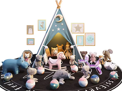 Stuffed Animals Around Blue Teepee Tent With Star Moon Patterns Alphabet Mat And Decorative 3d model