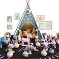 Stuffed Animals Around Blue Teepee Tent With Star Moon Patterns Alphabet Mat And Decorative