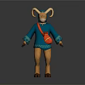 Anthropomorphic Goat Character In Blue Outfit With Red Bag And Curved Horns