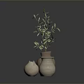 Hand Sculpted Clay Vases With Olive Branch Decoration On Dark Reflective Surface