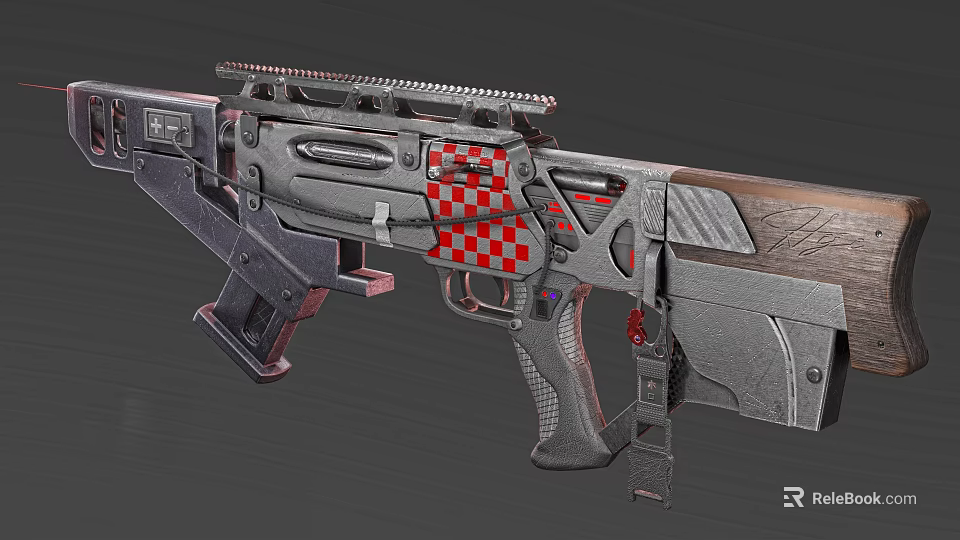 Modern Tactical Rifle With Red Checkered Pattern Rail System And Black Gray Design 3d model