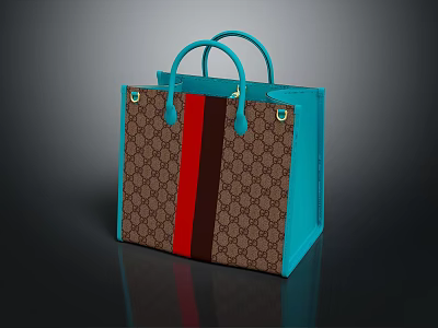 Stylish Fashion Handbag With Brown Patterned Design Red Black Stripes And Turquoise Handles 3d model