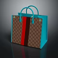 Stylish Fashion Handbag With Brown Patterned Design Red Black Stripes And Turquoise Handles