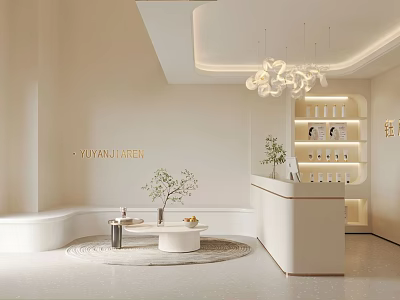 Elegant Luxury Beauty Salon With White Interior Reception Desk Chandelier Green Plants And Product Shelves 3d model