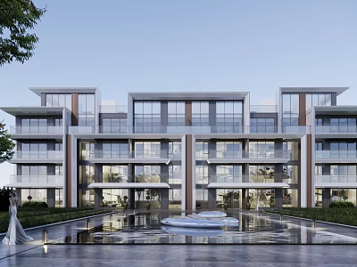Modern Townhouse Exterior Design With Glass Curtain Wall Balconies And Water Feature 3d model