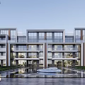 Modern Townhouse Exterior Design With Glass Curtain Wall Balconies And Water Feature