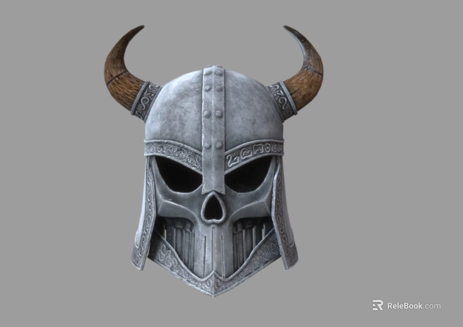 Silver Medieval Weapon Helmet Featuring Brown Horns Skull Design And Metal Decorations 3d model 