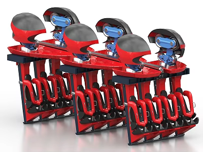 Three Red And Black Arcade Entertainment Appliances With Seats And Control Panels 3d model