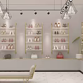Luxury Shoe Store Interior With Golden Shelves Seating Area And Chandeliers