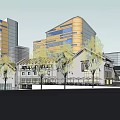 Modern Commercial Street With Traditional Buildings Trees Storefronts And Street Lamps