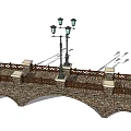 Vintage Stone Arch Landscape Bridge with Wooden Railings and Street Lamps