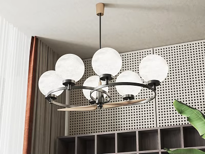 Modern Circular Ring Chandelier With White Globe Shades Against Perforated Wall And Green Plant 3d model