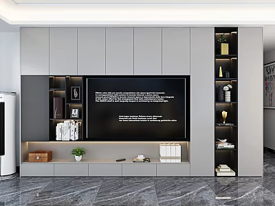 Modern TV Stand Interior Design With Large Screen TV Storage Cabinets And Decorative Items 3d model