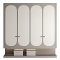 Modern Light Colored Four Door Wardrobe With Arc Design Metal Handles And Bottom Drawers