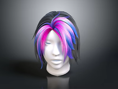 White Mannequin Head With Black Pink And Blue Mixed Hair Wig Style 3d model